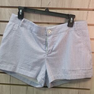 Blue and White Bermuda Shorts with Seersucker Texture